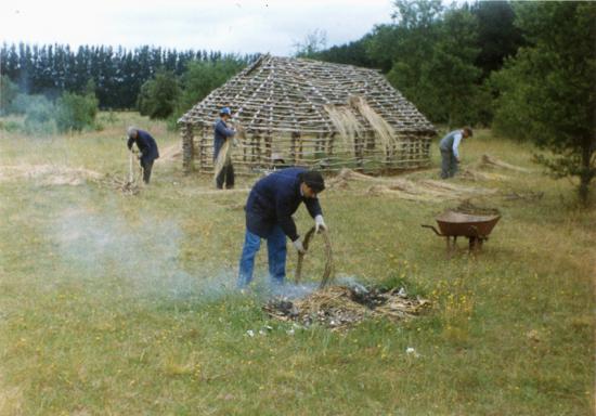 Construcción de la ruka en el patio del Museo Mapuche de Cañete, s/f. Archivo fotográfico Museo Mapuche de Cañete.